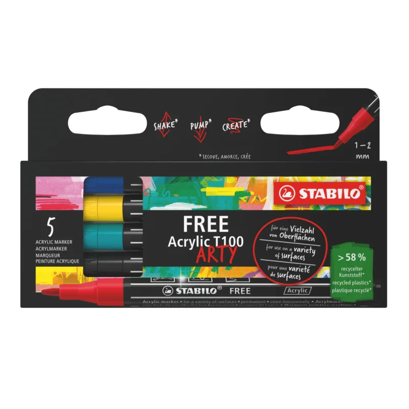 Zlevněný STABILO FREE Akrylový popisovač - T100 Kulatý hrot 1-2 mm - Royal - sada 5 ks