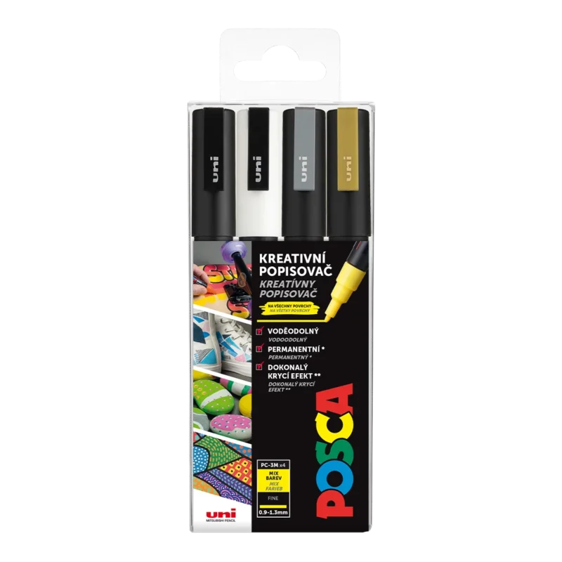 Nová Kolekce Akrylové popisovače POSCA, PC-3M - 4 barvy: černá, bílá, zlatá, stříbrná