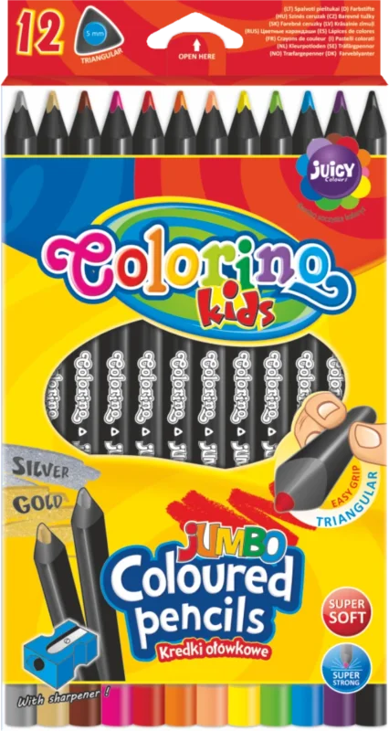 Trojhranné pastelky Colorino, JUMBO černé, 12 barev + ořezávátko Finální Výprodej