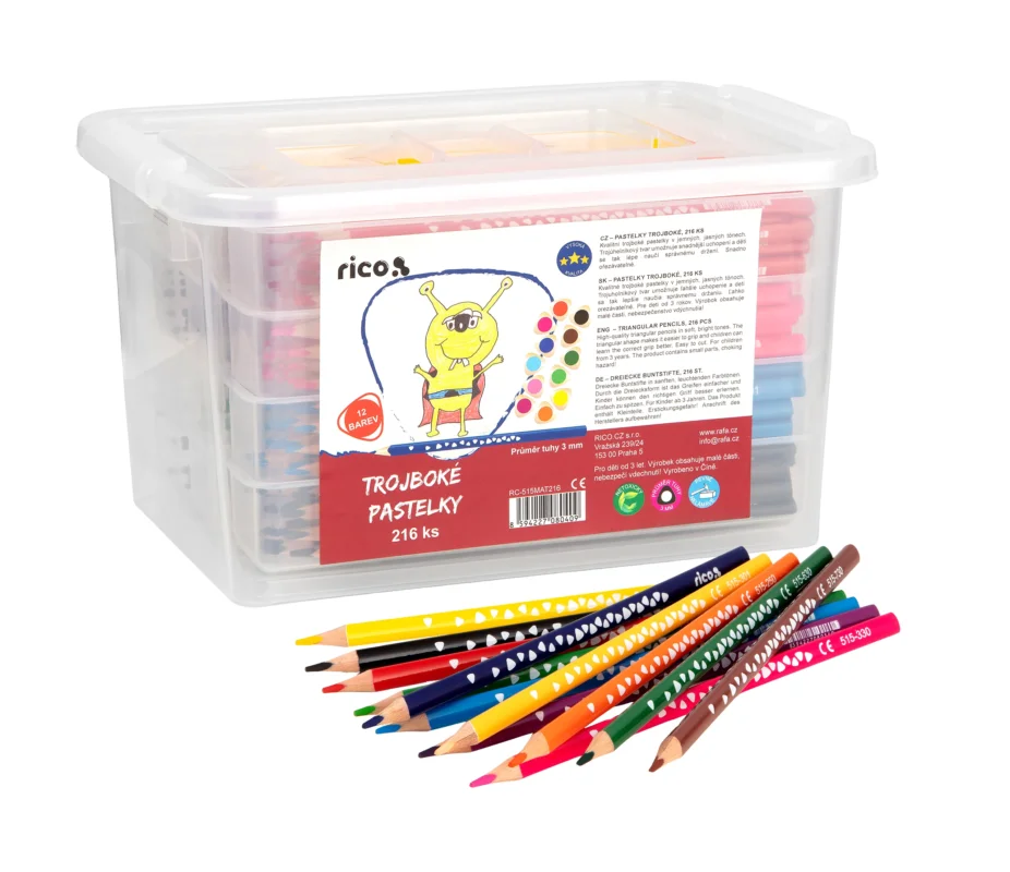 Nová Kolekce Pastelky RICO trojboké, tuha průměr 3 mm, 216 ks (18 x 12 barev), PP box