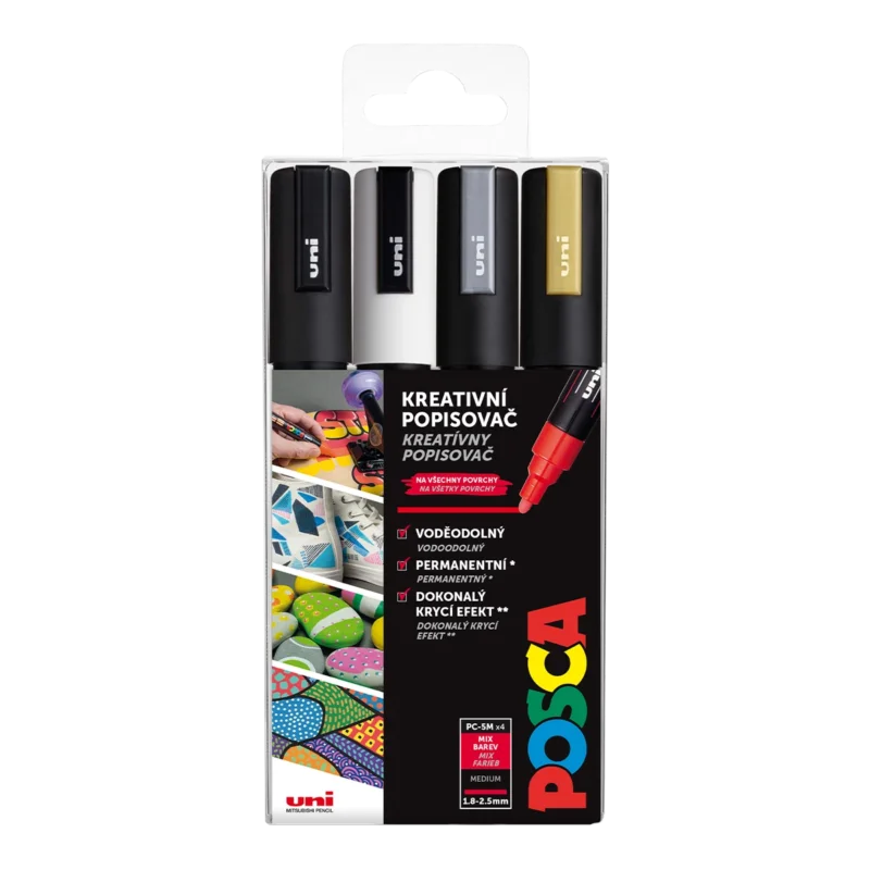 Akrylové popisovače POSCA, PC-5M - 4 barvy: černá, bílá, zlatá, stříbrná Expresní Doručení