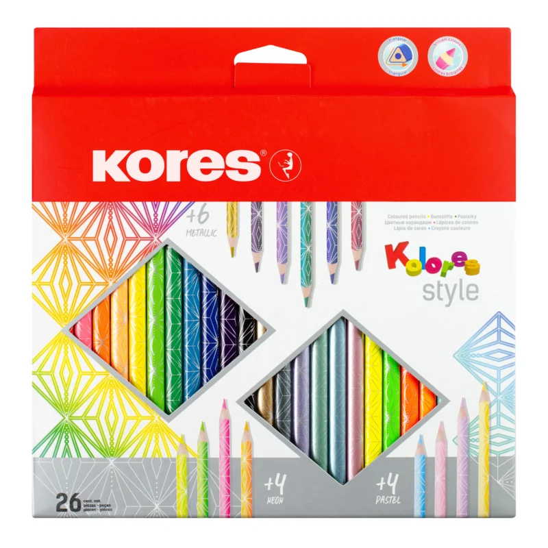 Akce Kores Trojhranné pastelky Kolores Style 3 mm - sada 26 barev vč. 4 pastel., 4 neon. a 6 metal. barev