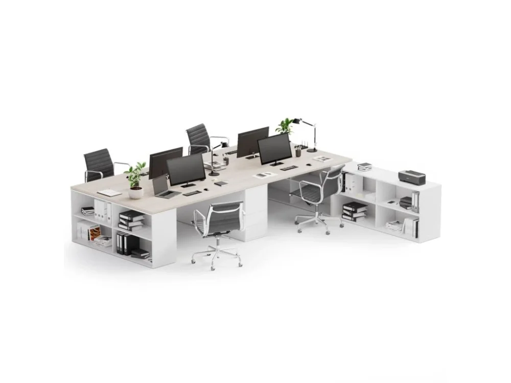Kancelářská sestava stolů BLOCK B05, 4 místa s úložným prostorem, 360x320 cm, bílá/dub přírodní Oblíbený