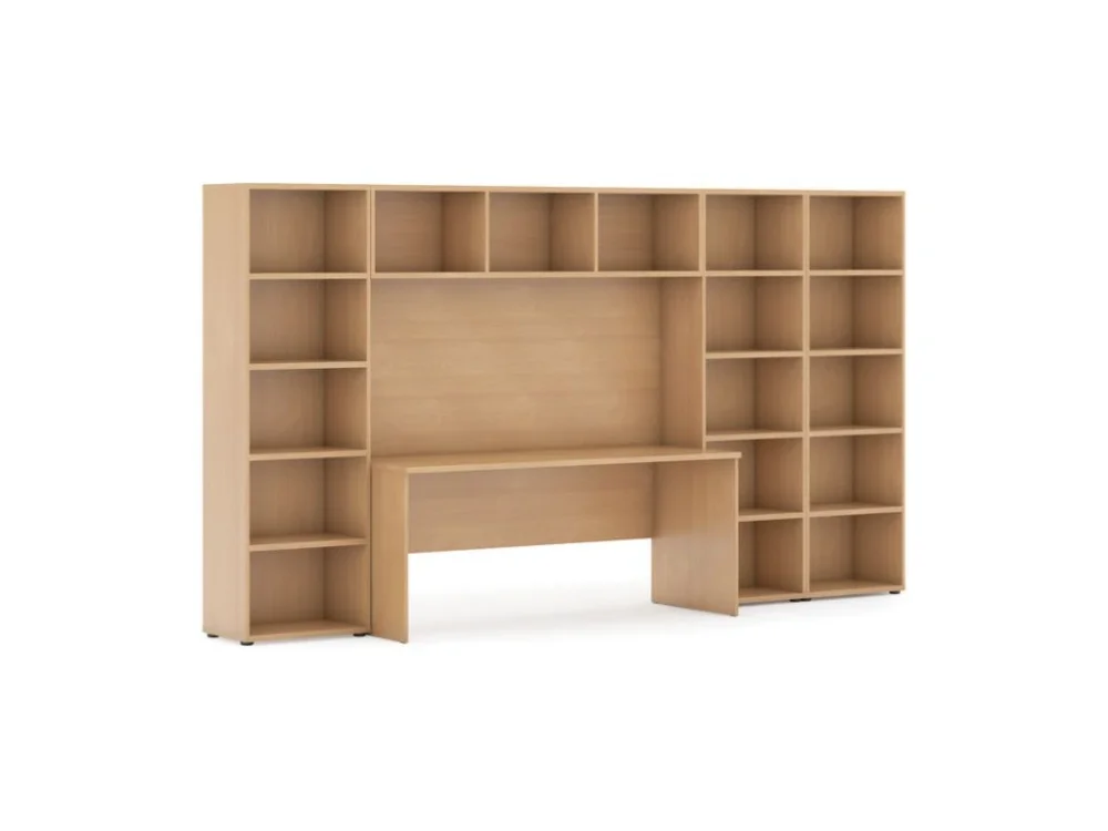 Sezónní Sleva Sestavy knihoven INTEGRO se stolem, nižší/širší, 3350 x 700/400 x 1920 mm, buk