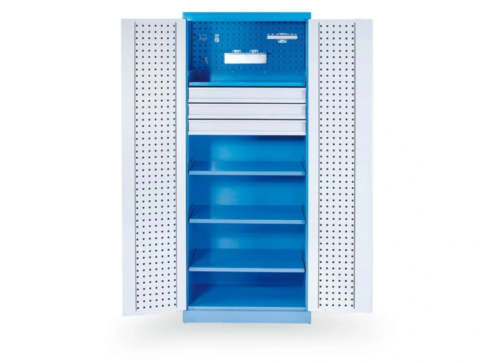 Výprodej Dílenská kovová skříň na nářadí GD, 4 police, 3 zásuvky, svařovaná, nosnost 60 kg, 780 x 580 x 1920 mm
