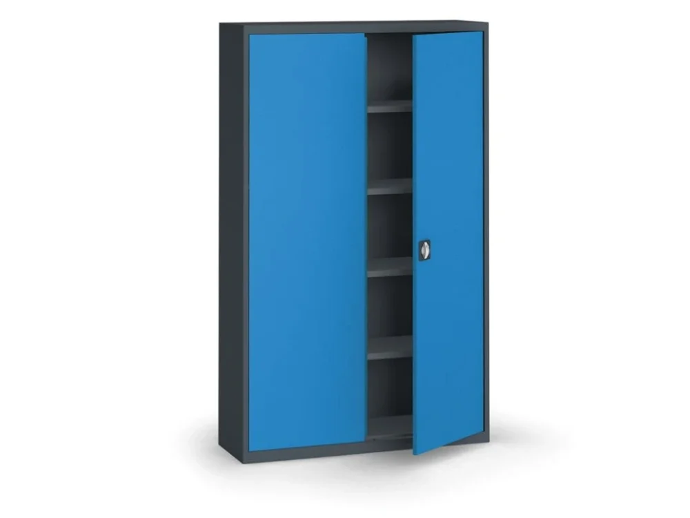 Nejprodávanější Plechová policová skříň na nářadí KOVONA, 1950 x 1200 x 400 mm, 4 police, grafit/modrá