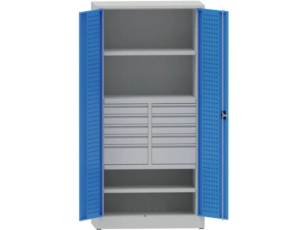 Vysoce Kvalitní Dílenská kovová skříň na nářadí KOVONA, 2 police, 10 zásuvek, svařovaná, nosnost 50 kg, 950 x 500 x 1950 mm
