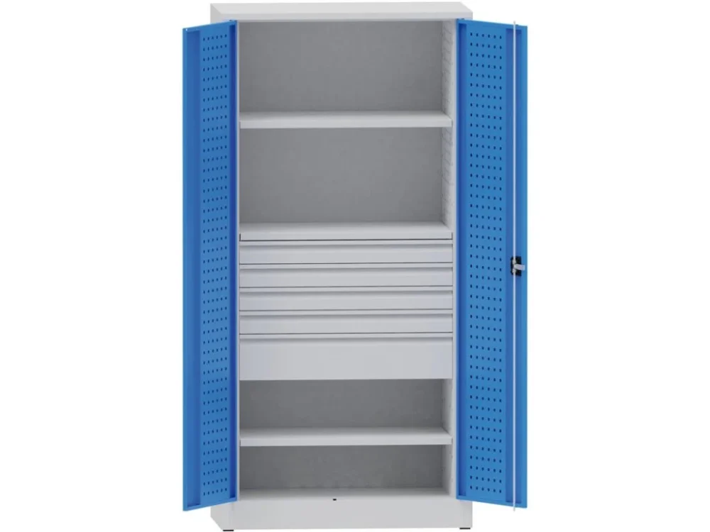 Nová Kolekce Dílenská kovová skříň na nářadí KOVONA, 2 police, 5 zásuvek, svařovaná, nosnost 50 kg, 950 x 500 x 1950 mm