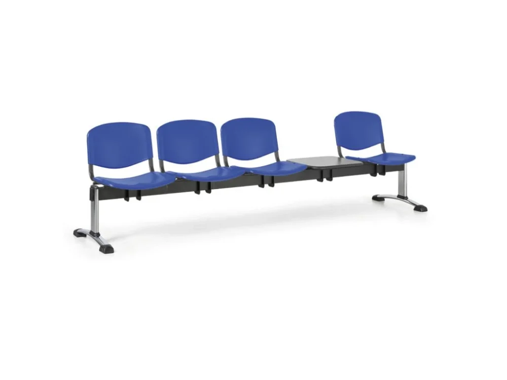 Must-Have Plastová lavice do čekáren ISO, 4-sedák, se stolkem, modrá, chrom nohy