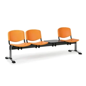 Akce Plastová lavice do čekáren ISO, 3-sedák, se stolkem, oranžová, chrom nohy