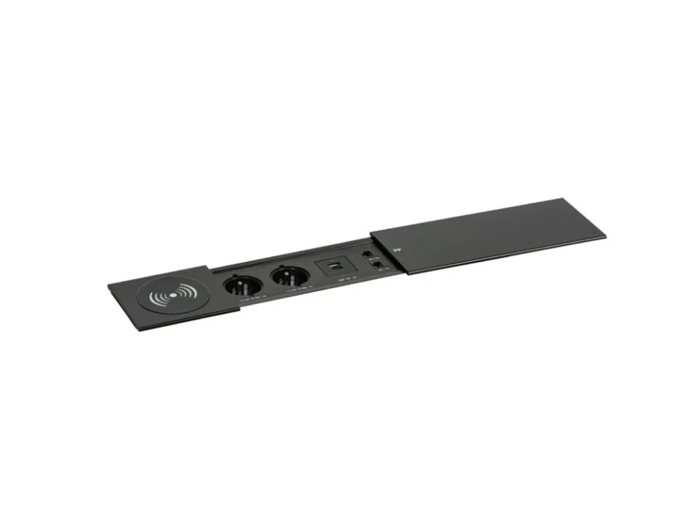 Zásuvkový box TYP V - posuvný kryt, 2x zásuvka, nabíjecí USB A+C porty, 2x RJ45 port, 1x bezdrátová nabíječka, černá Bezpečná Platba