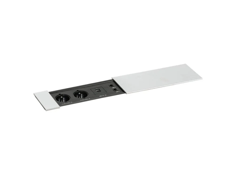 Zásuvkový box TYP IV - posuvný kryt, 2x zásuvka, nabíjecí USB A+C porty, 2x RJ45 port, stříbrná Odeslání Ihned