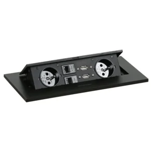 Zásuvkový box TYP III - výklopný, 2x zásuvka, 2x port USB data, 2x RJ45 port, černá Omezená Nabídka
