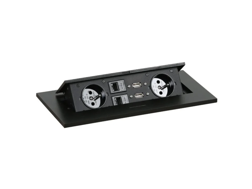 Zásuvkový box TYP III - výklopný, 2x zásuvka, 2x port USB data, 2x RJ45 port, černá Omezená Nabídka