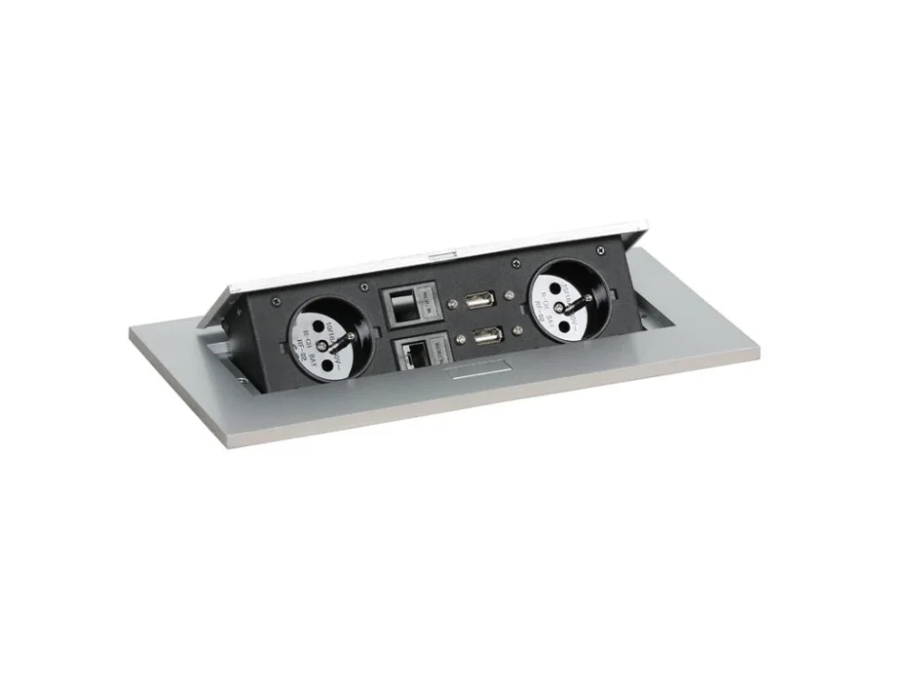 Zásuvkový box TYP III - výklopný, 2x zásuvka, 2x port USB data, 2x RJ45 port, stříbrná Oblíbený