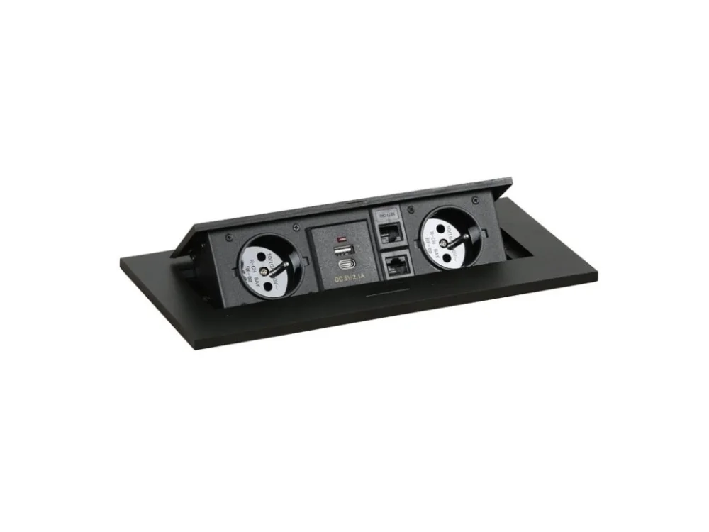 Zásuvkový box TYP II - výklopný, 2x zásuvka, USB-A + USB-C, 2x RJ45 port, černá Rychlé Dodání