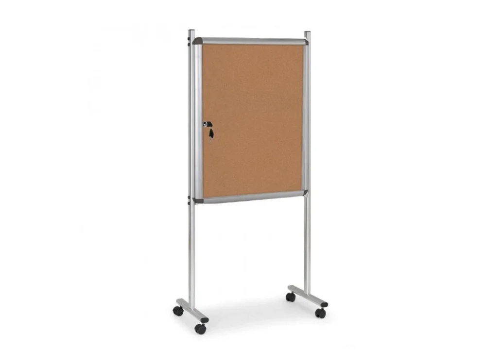 Vnitřní vitrína na stojanu, 720 x 980 mm, korková, oboustranná, s kolečky Originální