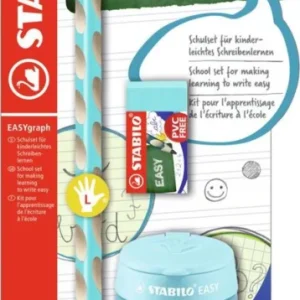 Novinka Tužka grafitová STABILO EASYgraph silná pro leváky modrý Set s gumou a ořezavátkem