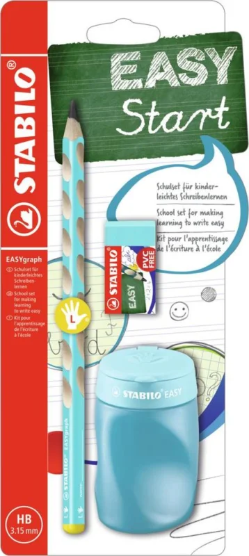 Novinka Tužka grafitová STABILO EASYgraph silná pro leváky modrý Set s gumou a ořezavátkem