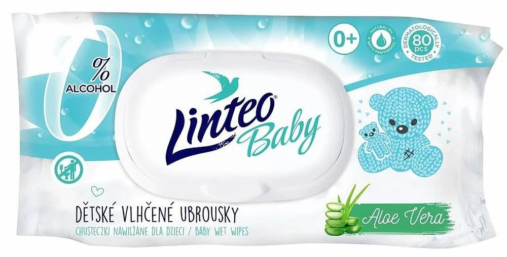 Sleva Vlhčené ubrousky Linteo Baby s klipem Aloe Vera / 80 ks
