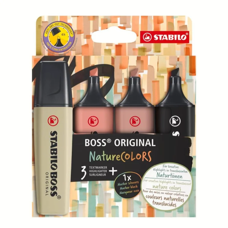 Oblíbený Zvýrazňovač STABILO BOSS ORIGINAL NatureCOLORS sada 4 barev