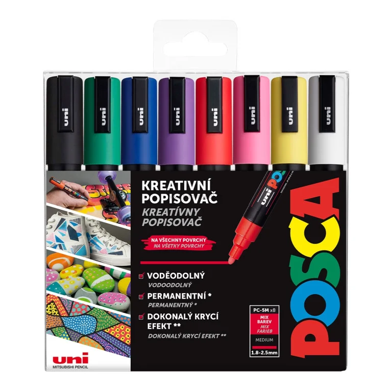 Zlevněný Akrylový popisovač UNI POSCA PC-5M, základní barvy, sada 8 ks