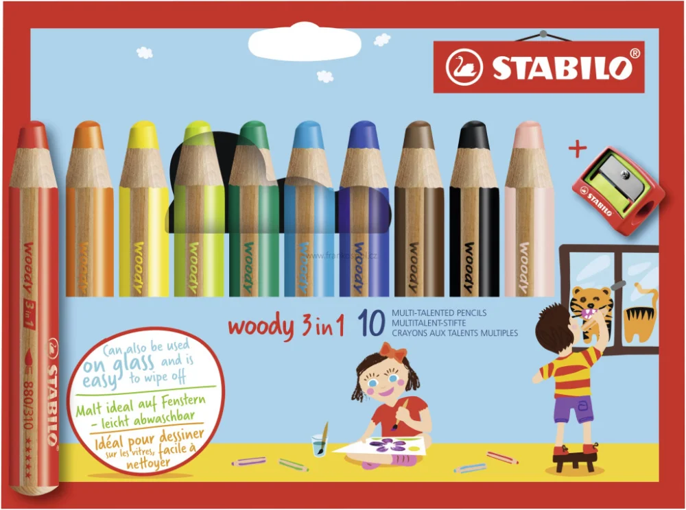 Pastelky STABILO Woody 3v1, 10 sada s ořezávátkem Super Cena