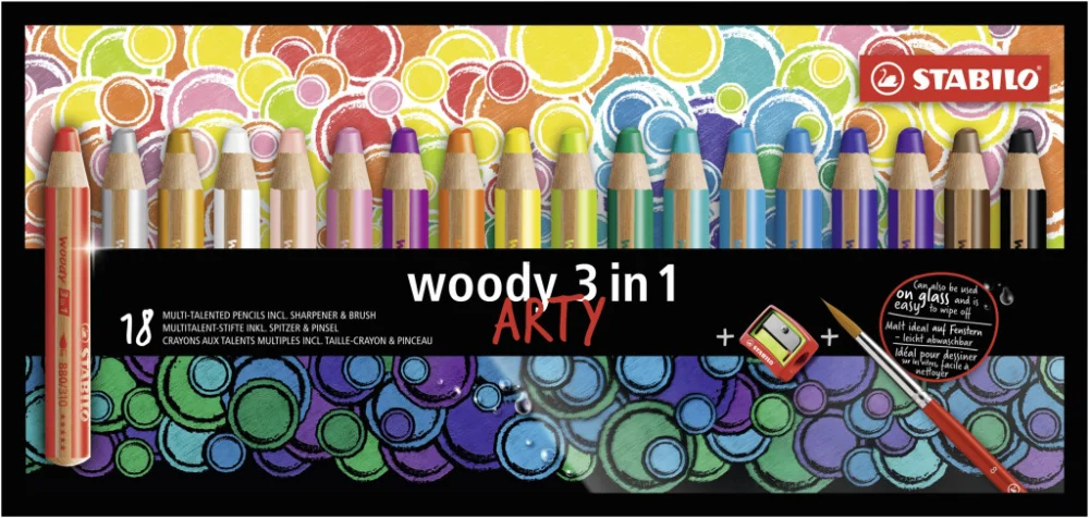 Kup Teď Pastelky STABILO Woody 3v1, 18 sada ARTY s ořezávátkem a štětcem