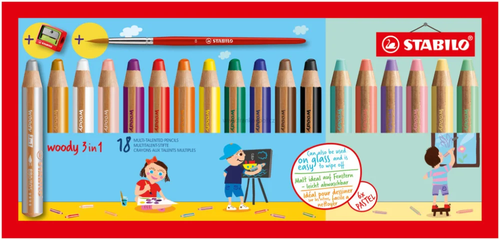 Časově Omezené Pastelky STABILO Woody 3v1, 18 sada Pastel s ořezávátkem a štětcem