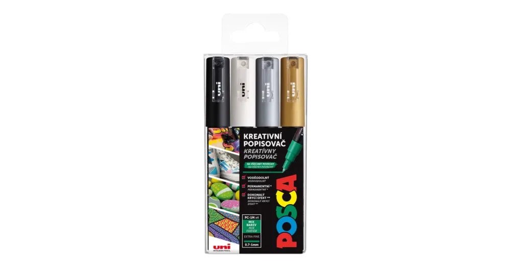 Akce Sada dekoračních popisovačů Posca PC-1M, 0,7 mm, 4 barvy - černá, bílá, zlatá, stříbrná