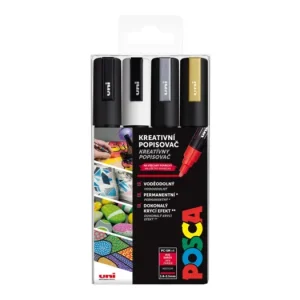 Sada dekoračních popisovačů Posca PC-5M, 2,5 mm, 4 barvy - černá, bílá, zlatá, stříbrná Výprodej