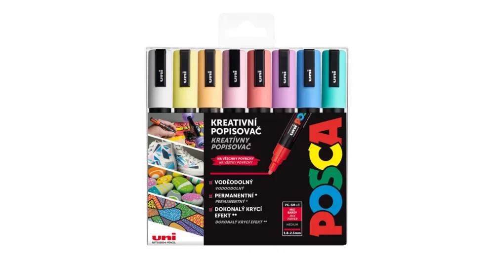 Vysoce Kvalitní Sada dekoračních popisovačů Posca PC-5M, 1,8 - 2,5 mm, 8 pastelových barev
