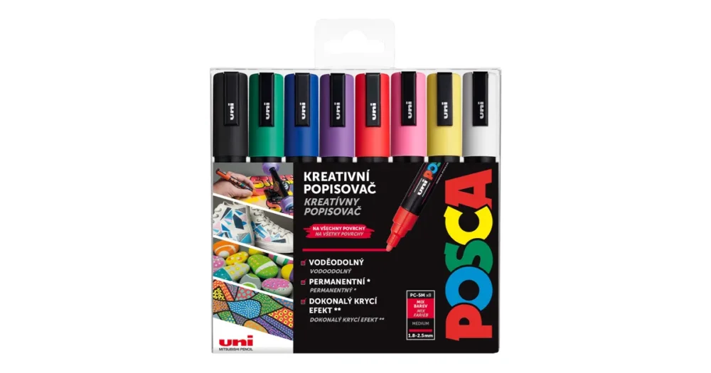 Cenově Výhodný Sada dekoračních popisovačů Posca PC-5M, 1,8 - 2,5 mm, 8 základních barev