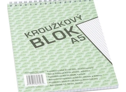 Levný Blok kroužkový Bobo, A5, čtverečk., horní spirála, 50listů
