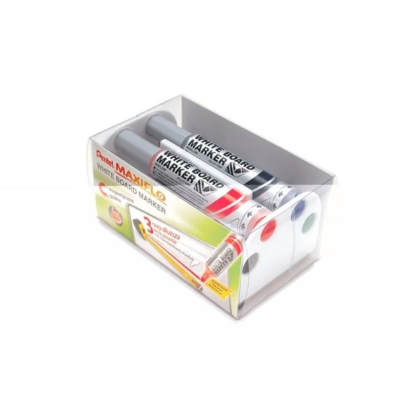 Značkový Popisovač na bílé tabule Pentel Maxiflo - kulatý hrot, sada 4 barev s houbičkou