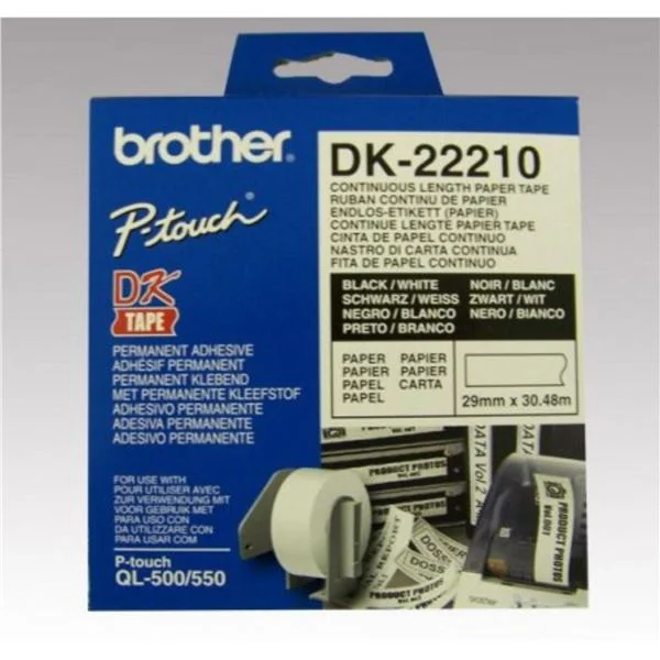 Cenově Výhodný Samolepicí role pro tiskárny Brother QL -DK-22210, 29 mm x 30,48 m, černý tisk, bílá