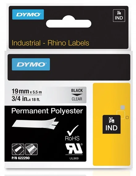 DYMO permanentní polyesterová páska RHINO D1 19 mm x 5,5 m, černá na průhledné, 622290 Akce