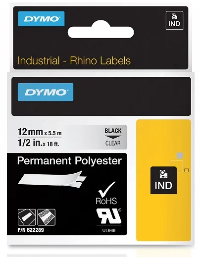 Super Cena DYMO permanentní polyesterová páska RHINO D1 12 mm x 5,5 m, černá na průhledné, 622289
