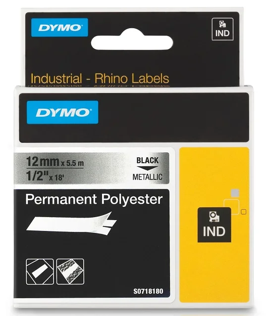 Koupit Online DYMO permanentní polyesterová páska RHINO D1 12 mm x 5,5 m, černá na metalické, S0718180