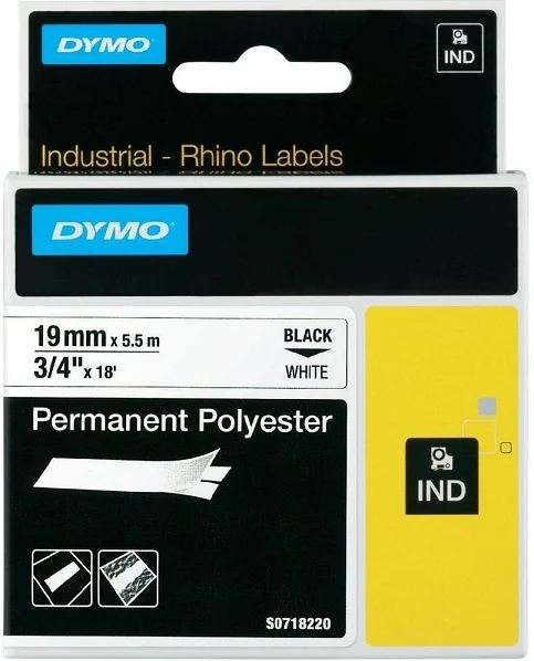 Autentický DYMO permanentní polyesterová páska RHINO D1 19 mm x 5,5 m, černá na bílé, S0718220