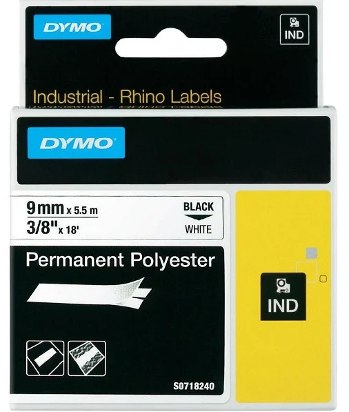 Finální Výprodej DYMO permanentní polyesterová páska RHINO D1 9 mm x 5,5 m, černá na bílé, S0718240