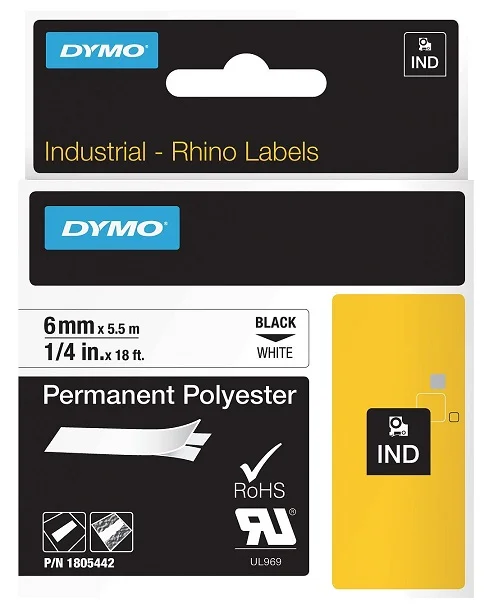 DYMO permanentní polyesterová páska RHINO D1 6 mm x 5,5 m, černá na bílé, 1805442 Akční Cena