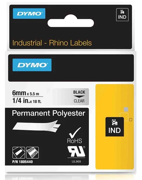 Kup Teď DYMO permanentní polyesterová páska RHINO D1 6 mm x 5,5 m, černá na průhledné, 1805440