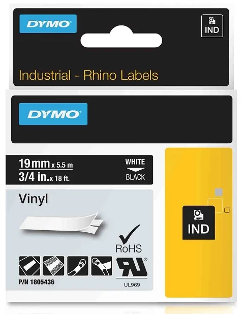 Originální DYMO vinylová páska RHINO D1 19 mm x 5,5 m, bílá na černé, 1805436