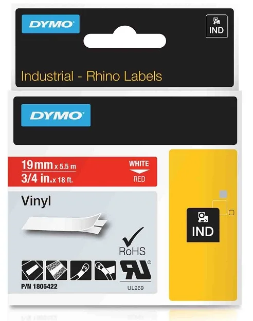 Nová Kolekce DYMO vinylová páska RHINO D1 19 mm x 5,5 m, bílá na červené, 1805422