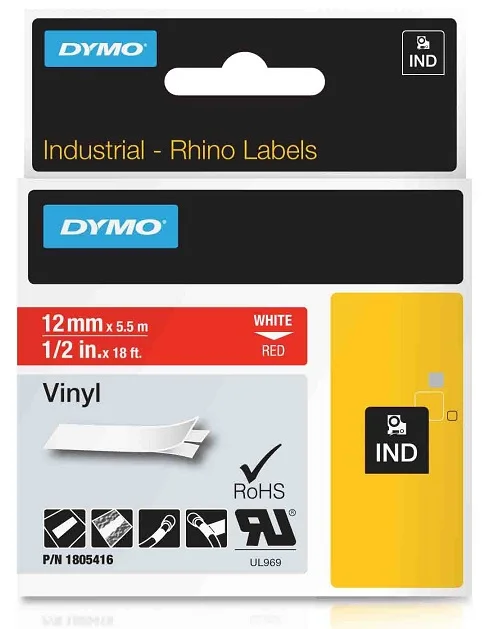 DYMO vinylová páska RHINO D1 12 mm x 5,5 m, bílá na červené, 1805416 Sezónní Sleva