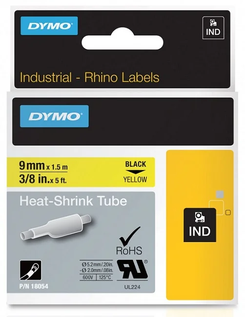 Přímo Od Výrobce DYMO plochá smršťovací bužírka RHINO D1 9 mm x 1,5 m, černá na žluté, S0718290