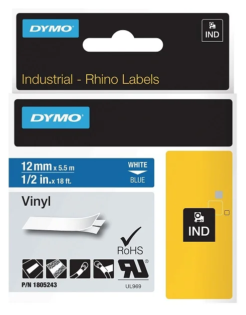 DYMO vinylová páska RHINO D1 12 mm x 5,5 m, bílá na modré, 1805243 Omezená Nabídka
