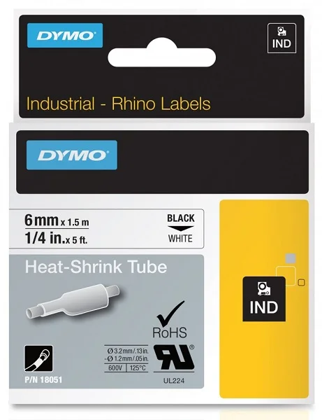 Akční Cena DYMO plochá smršťovací bužírka RHINO D1 6 mm x 1,5 m, černá na bílé, S0718260