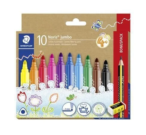 Fixy Noris jumbo 328, 10 barev, 3 mm, trojhranné, vypratelné, sada, STAEDTLER 328-B C10P Vysoce Kvalitní